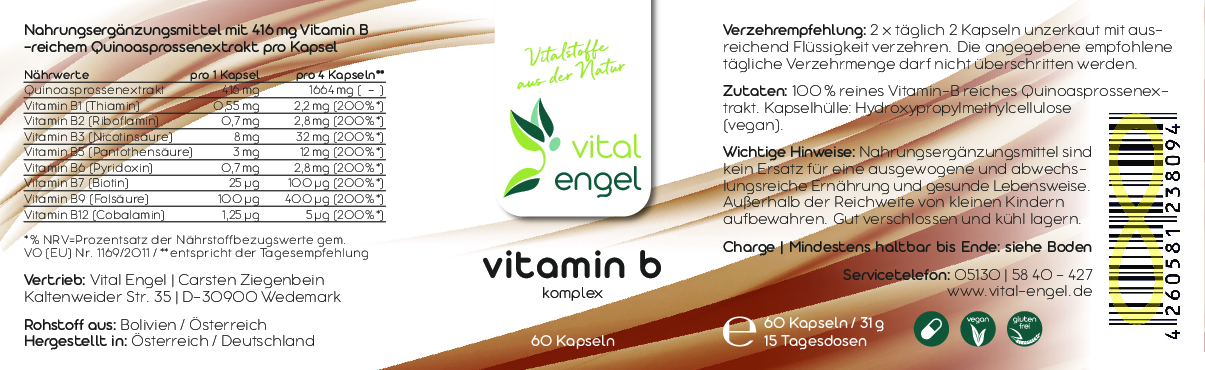 Vitamin B Komplex Vegan (60 Kapseln) in ökol. Verpackung - VITAL ENGEL