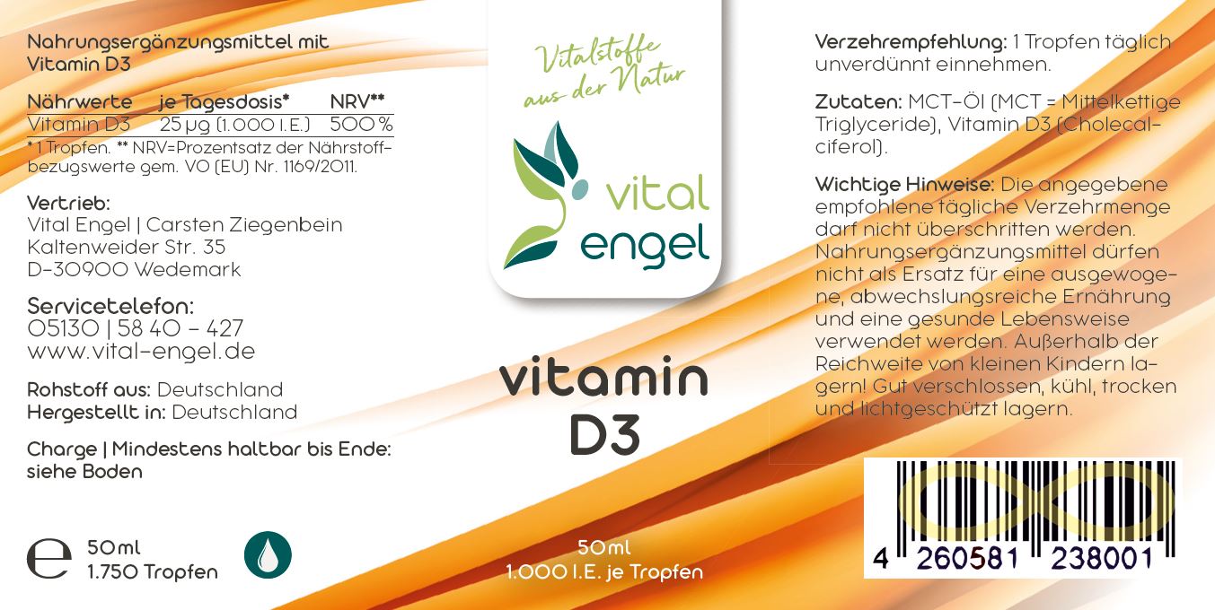 Vitamin D3 Tropfen - 1.000 IE  (50ml) - Vital Engel