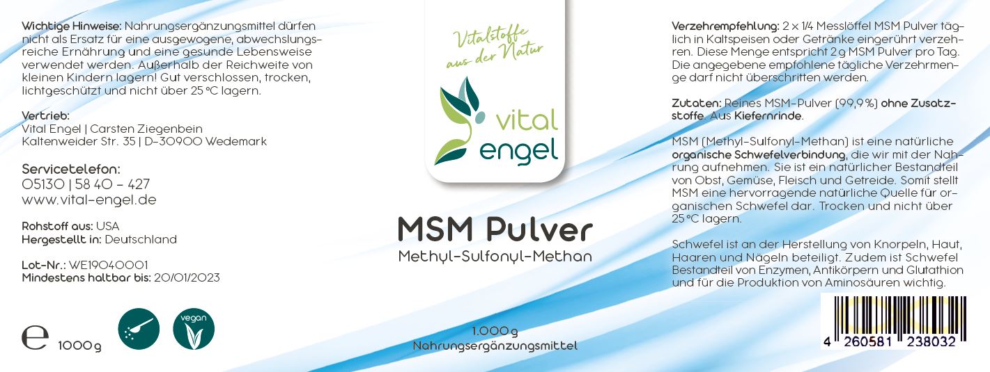 MSM Pulver (1kg) in ökol. Verpackung - VITAL ENGEL